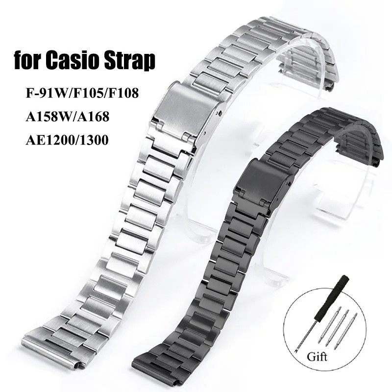 18mm For Casio A158W Watchband Stainless Steel Watch Strap for F-91W/F105/108/A1