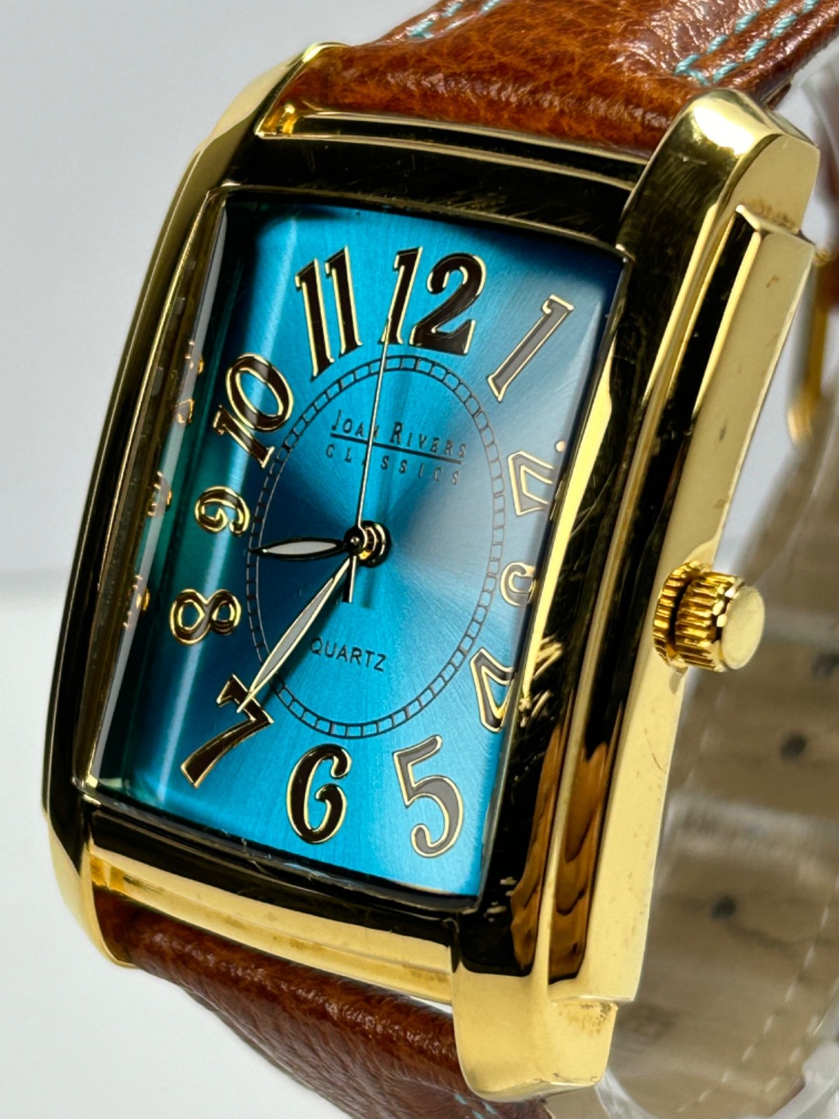 Vintage Joan Rivers Classics V377 Womens 34MM Tank Quartz Gold Tone W/Blue Dial