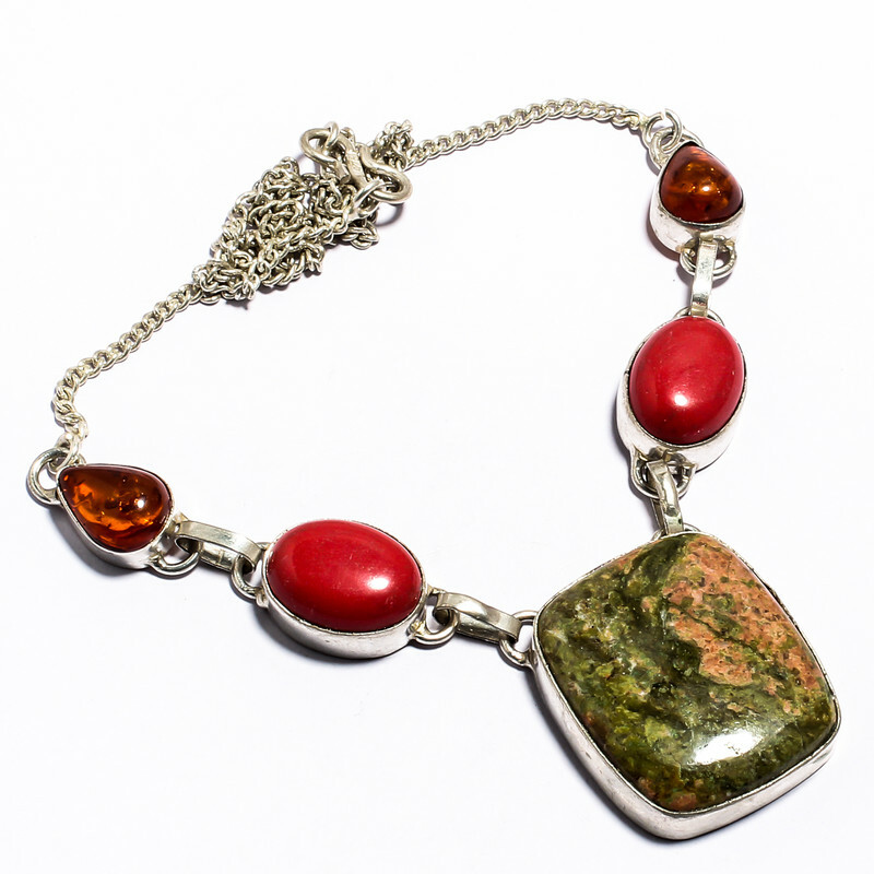 Unakite Spongy Coral Amber Gemstone Silver Plated Handmade Necklace 17″-18″