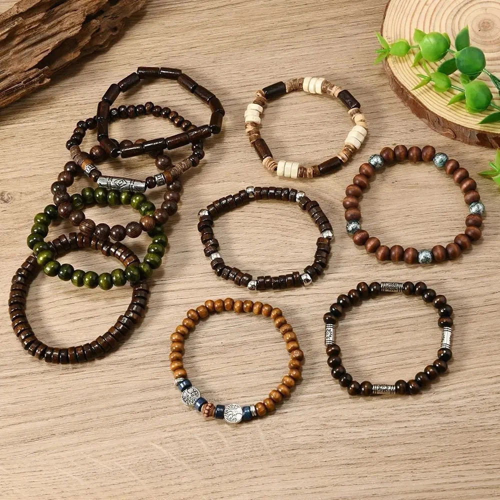 10pcs Bohemia Ethnic Beaded Bracelets For Men Vintage Multi Layer Wooden