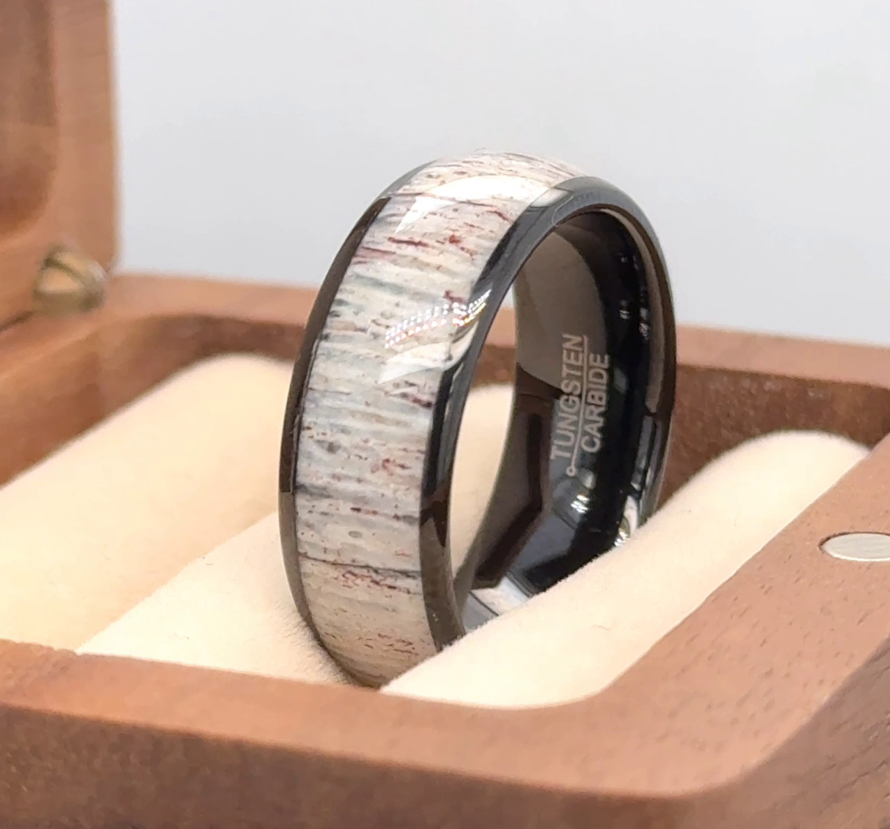Domed Black Tungsten Ring for Men – Unique White Deer Antler Inlay Wedding Band