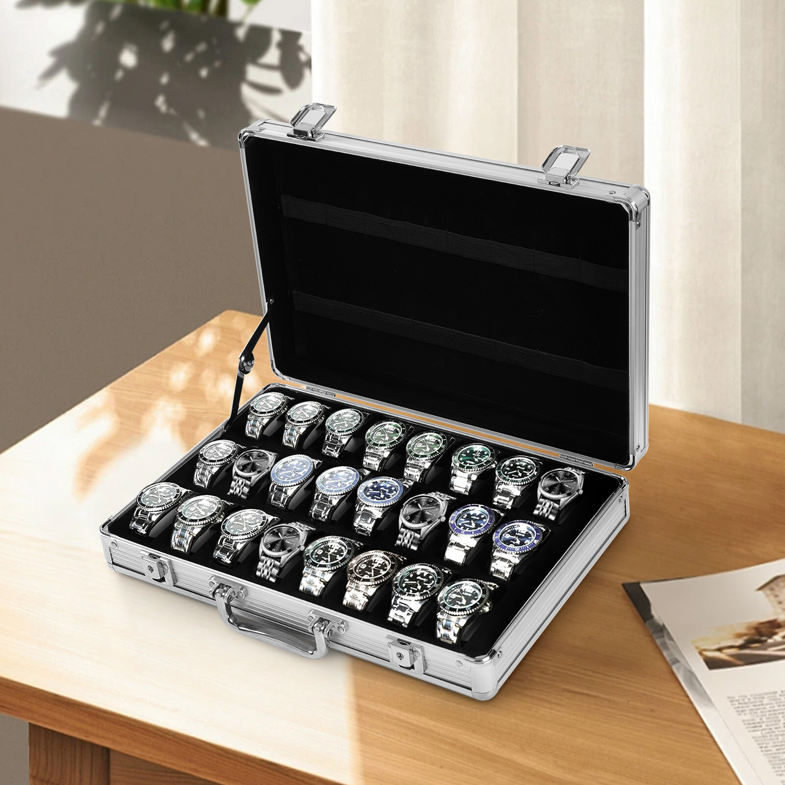 Lockable Aluminum Watch Organizer Case 24+8 Slot Padded Display Storage Suitcase