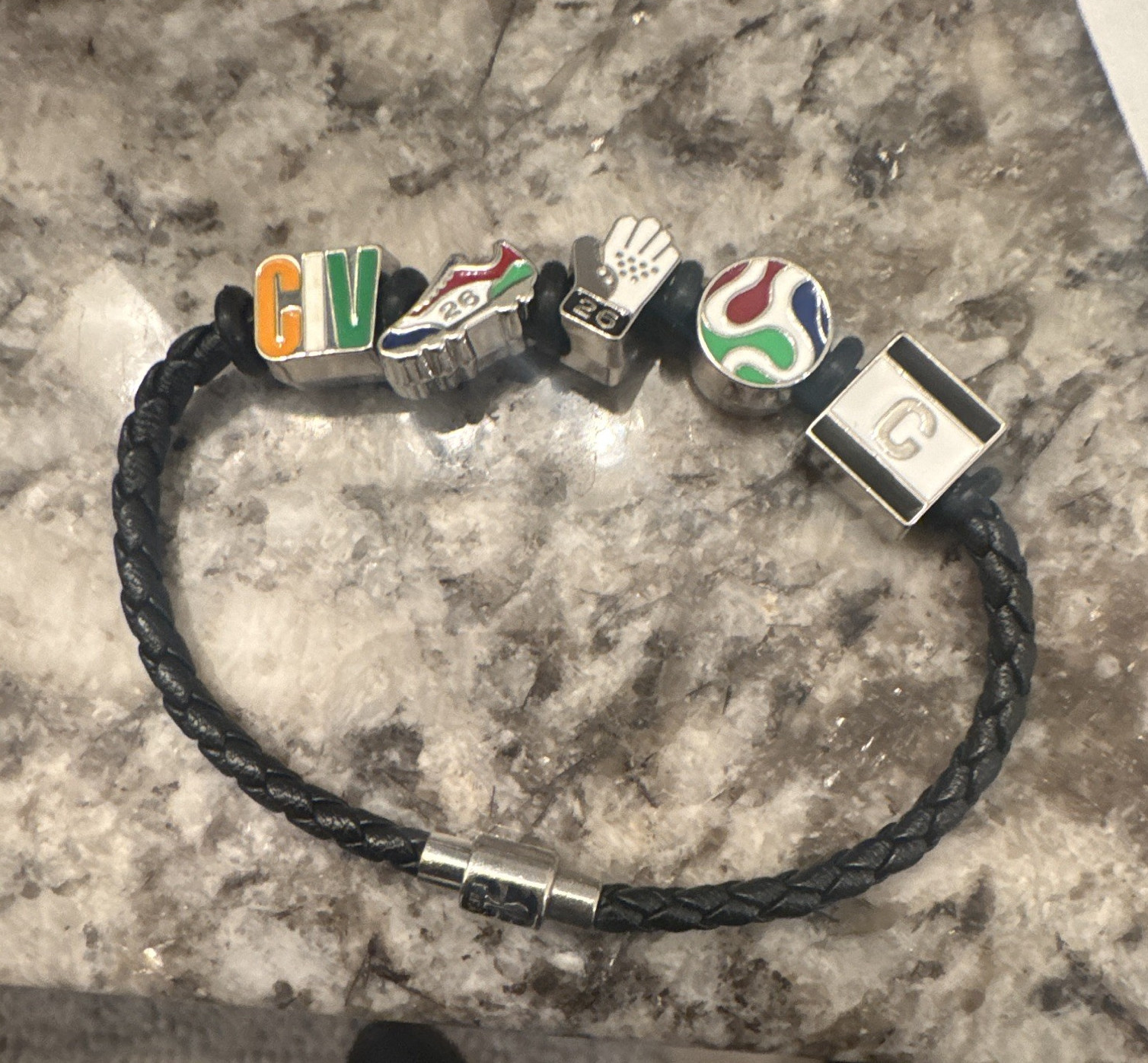 WorldCup Ivory Coast Braided Black Leather Charm Bracelet Stainless