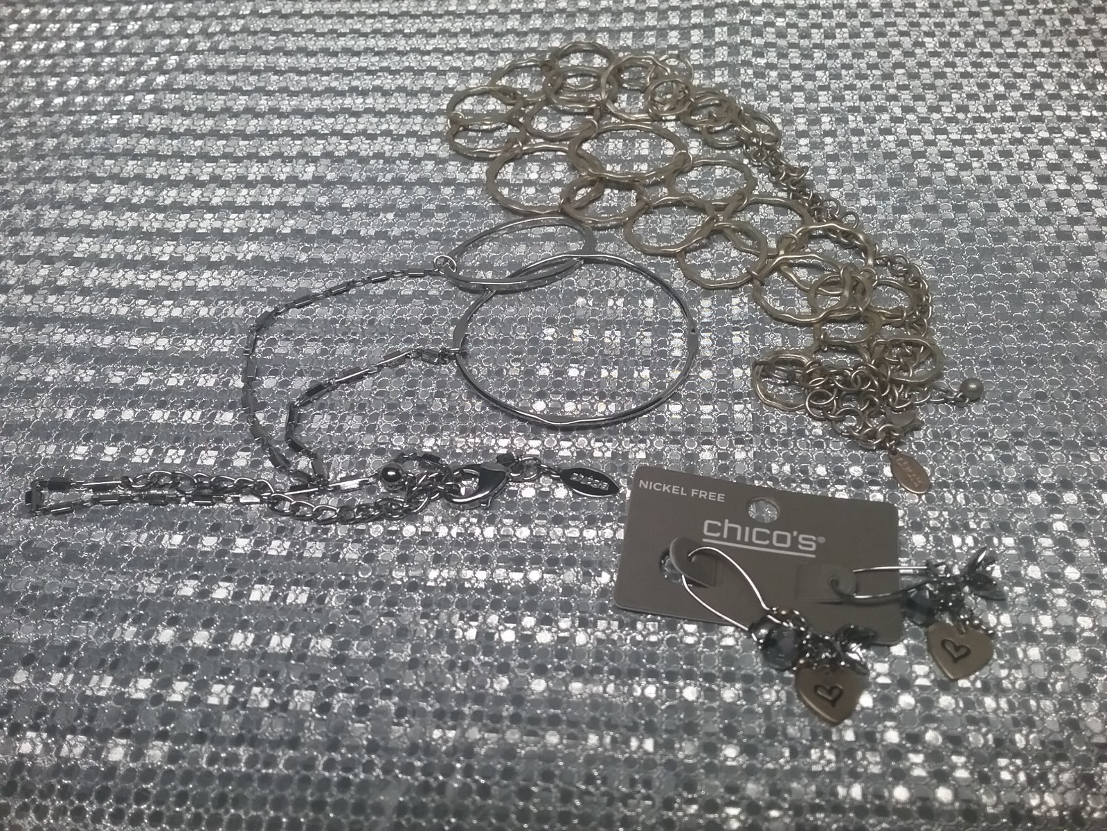 Lot of 3 Chico’s Necklace & Earrings Silver & Gold Tone In very good condition