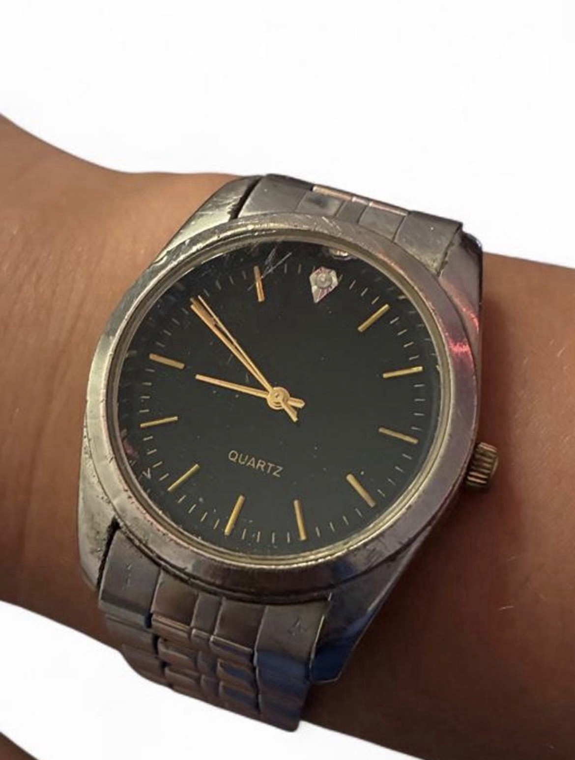 Quartz Dress Watch Black Dial Stick Indexes 12-Hour Two-Tone Metal Bracelet