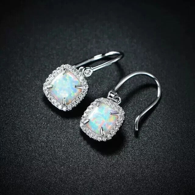 Cushion Simulated Fire Opal Women’s Drop Dangle Earring In 14k White Gold Plated
