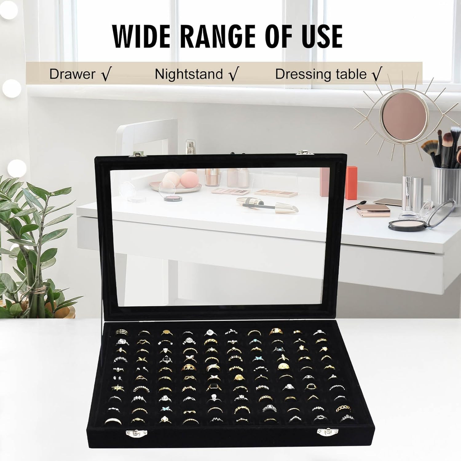 Velvet Ring Display Tray 100 Slot Jewelry Organizer Box Earring Holder Clear Lid