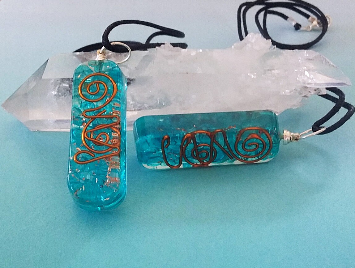 FLUORITE PENDANT, ORGONE BLUE FLUORITE PENDANT Wih 2 COPPER COILS, EMF PENDANT