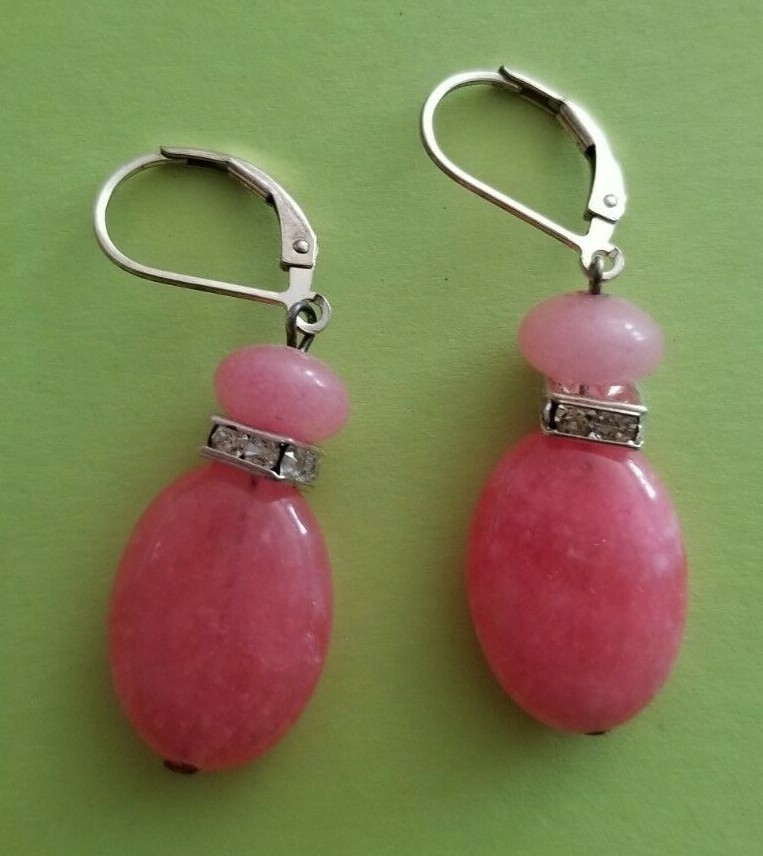 Handmade in USA. Nice Pink Oval Jade earrings – FREE SHIPPING!