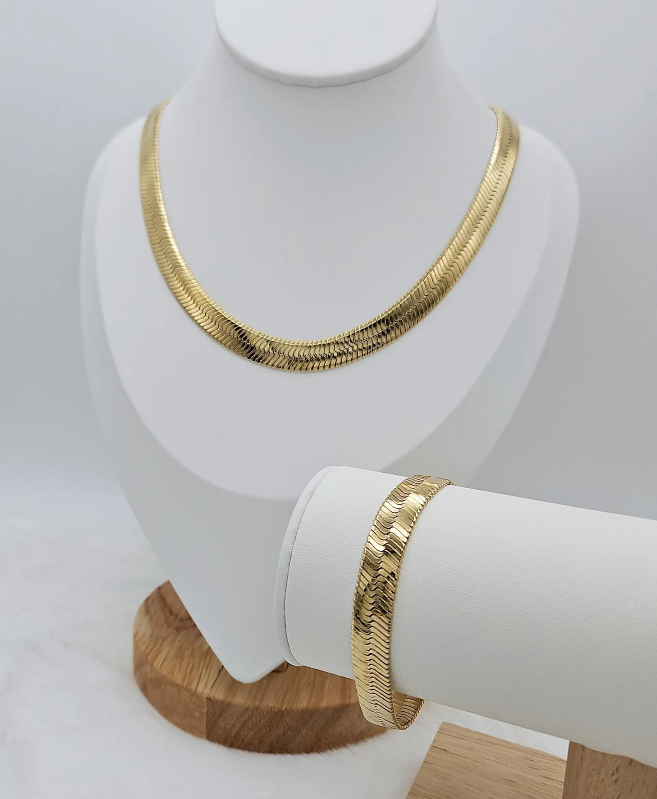Gold 9mm Herringbone Necklace & Bracelet Set, 14k Heavy Plated