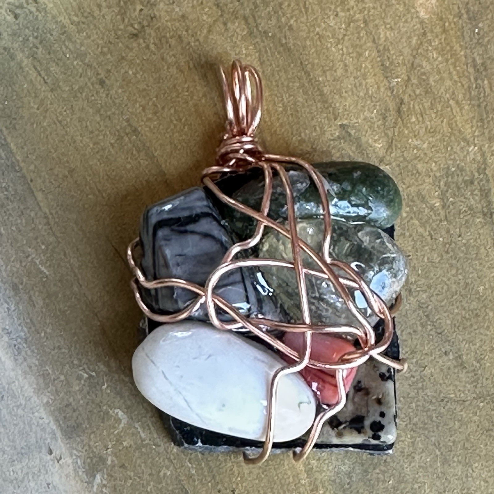 Organic Stone Cluster Pendant, Handmade, Gemstones Wire Wrapped, OOAK 4300 G
