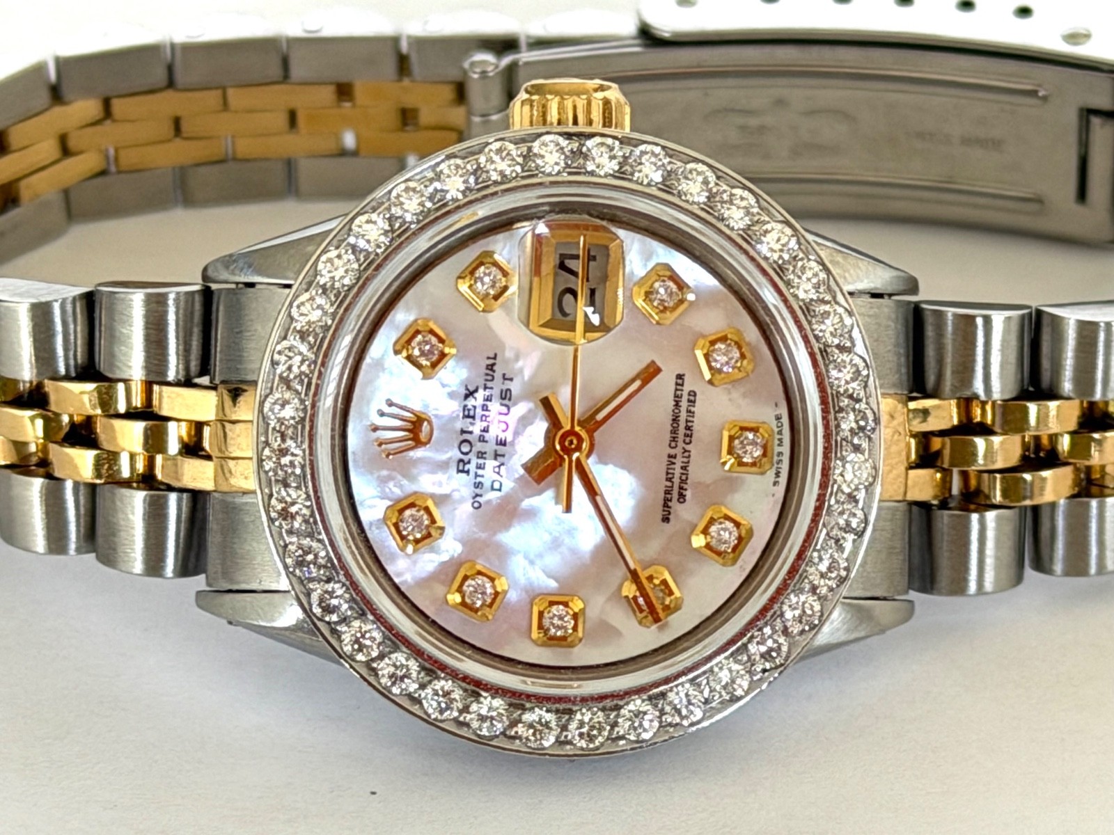 ROLEX LADIES WATCH DATEJUST TWO TONE 18K. GOLD MOP DIAMOND DIAL & DIAMOND BEZEL