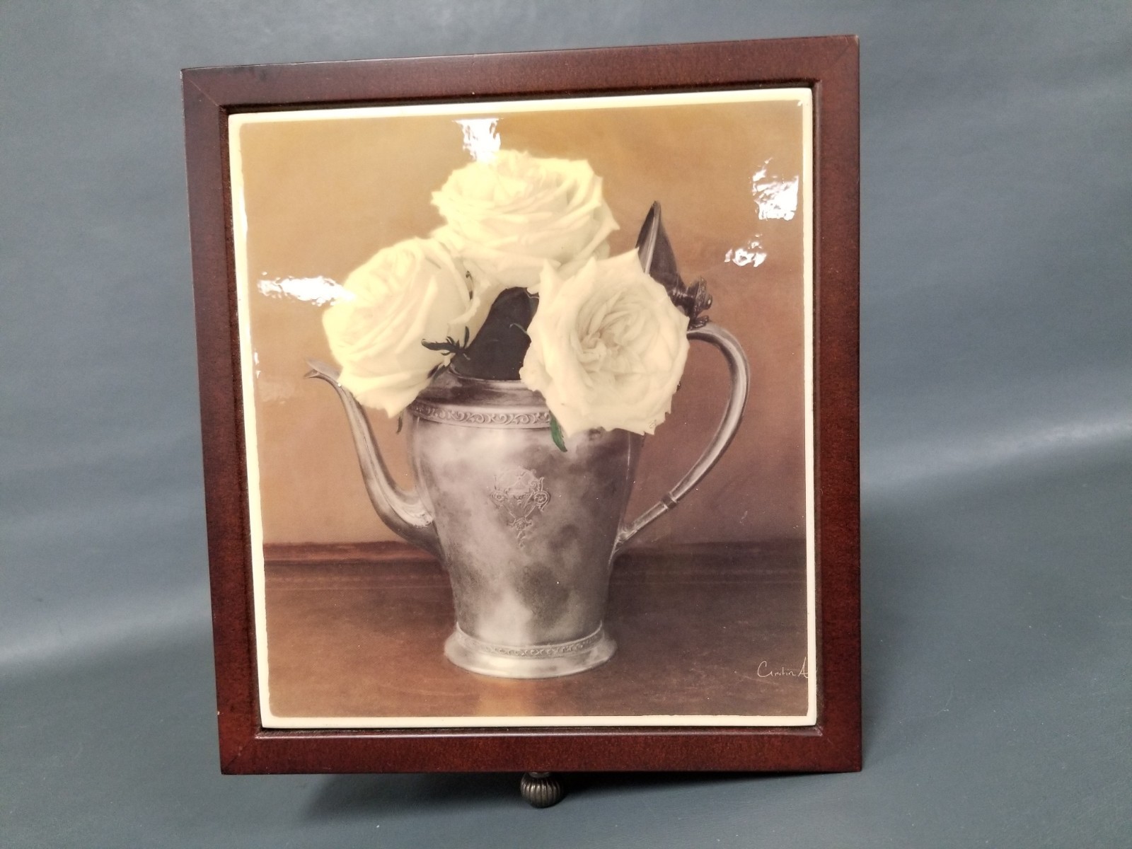 Croft & Barrow Design 7.5″x8″x5″ Wood Jewelry Trinket Box w/ Ceramic Flower Lid