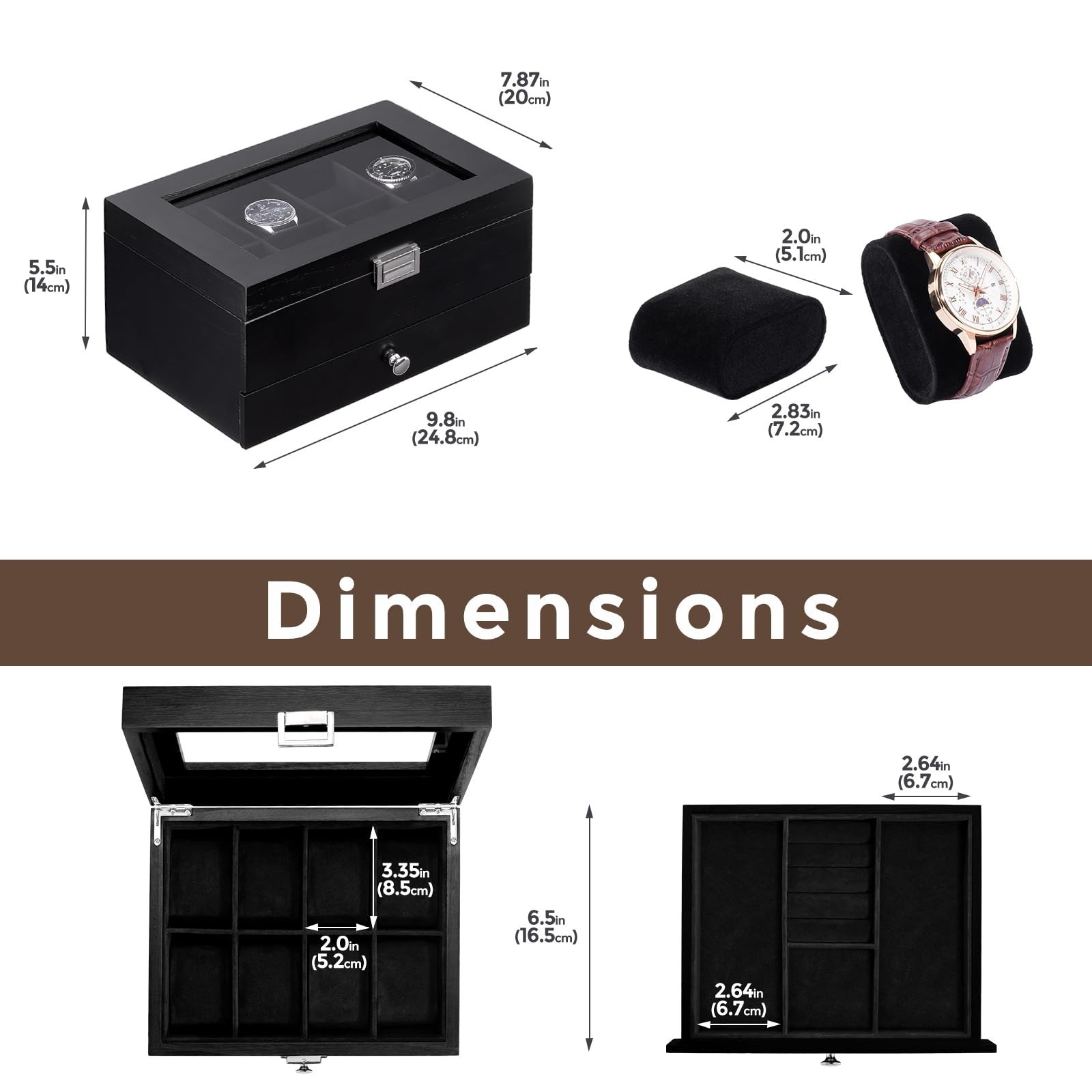 8 Slot Wooden Watch Box with Drawer, 2-Layer Jewelry Organizer for Men & Women –
