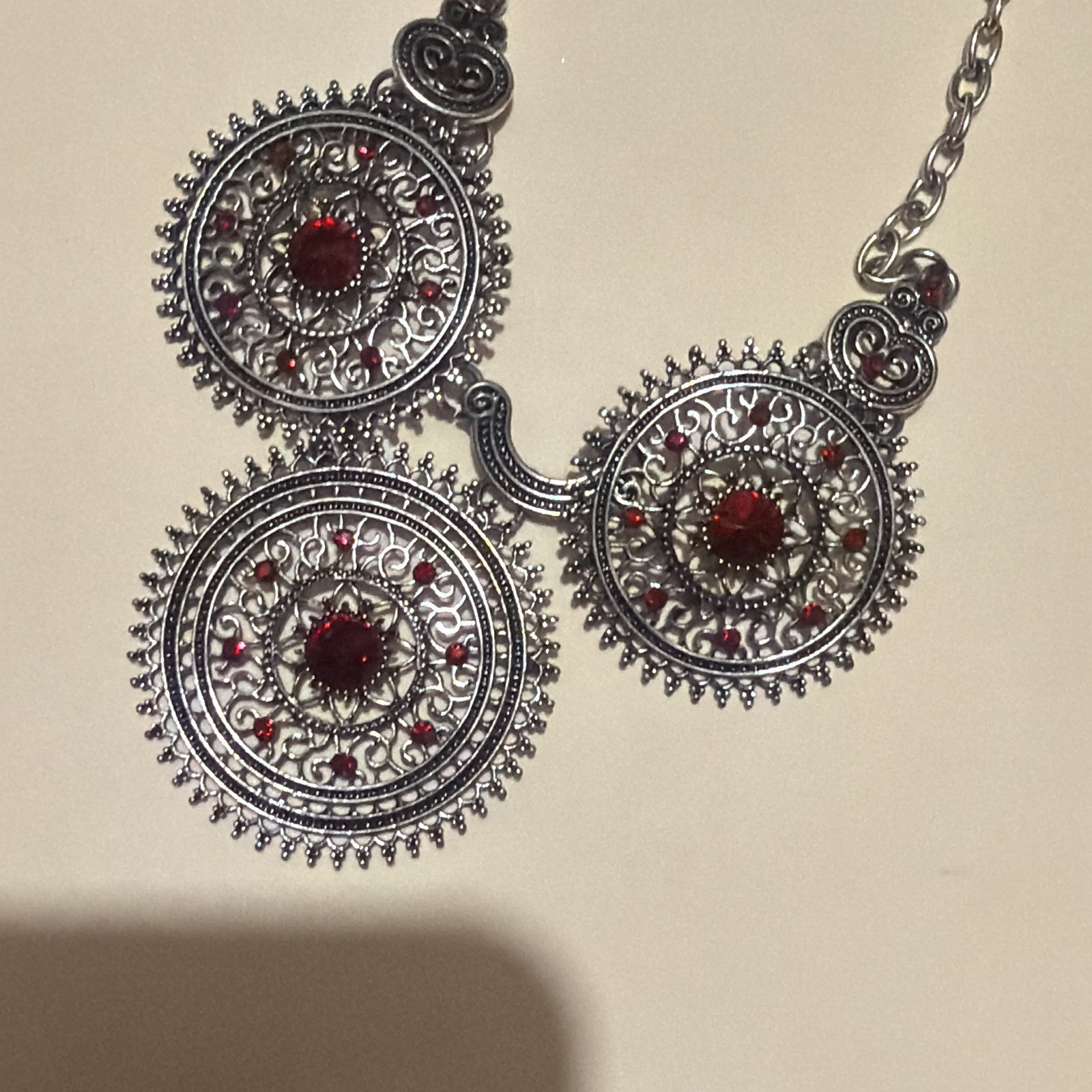 Silver Tone Cable Chain Statement Necklace w/ 3 Round Charms, Red Stones