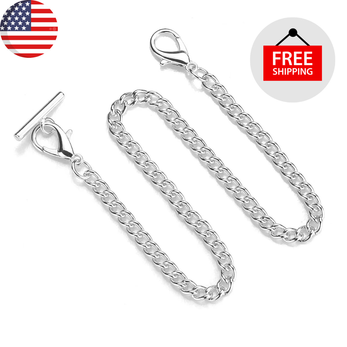 Silver Pocket Watch Chain with T-Bar, 14 Inch Pocket Watch Chains for Men, Silve