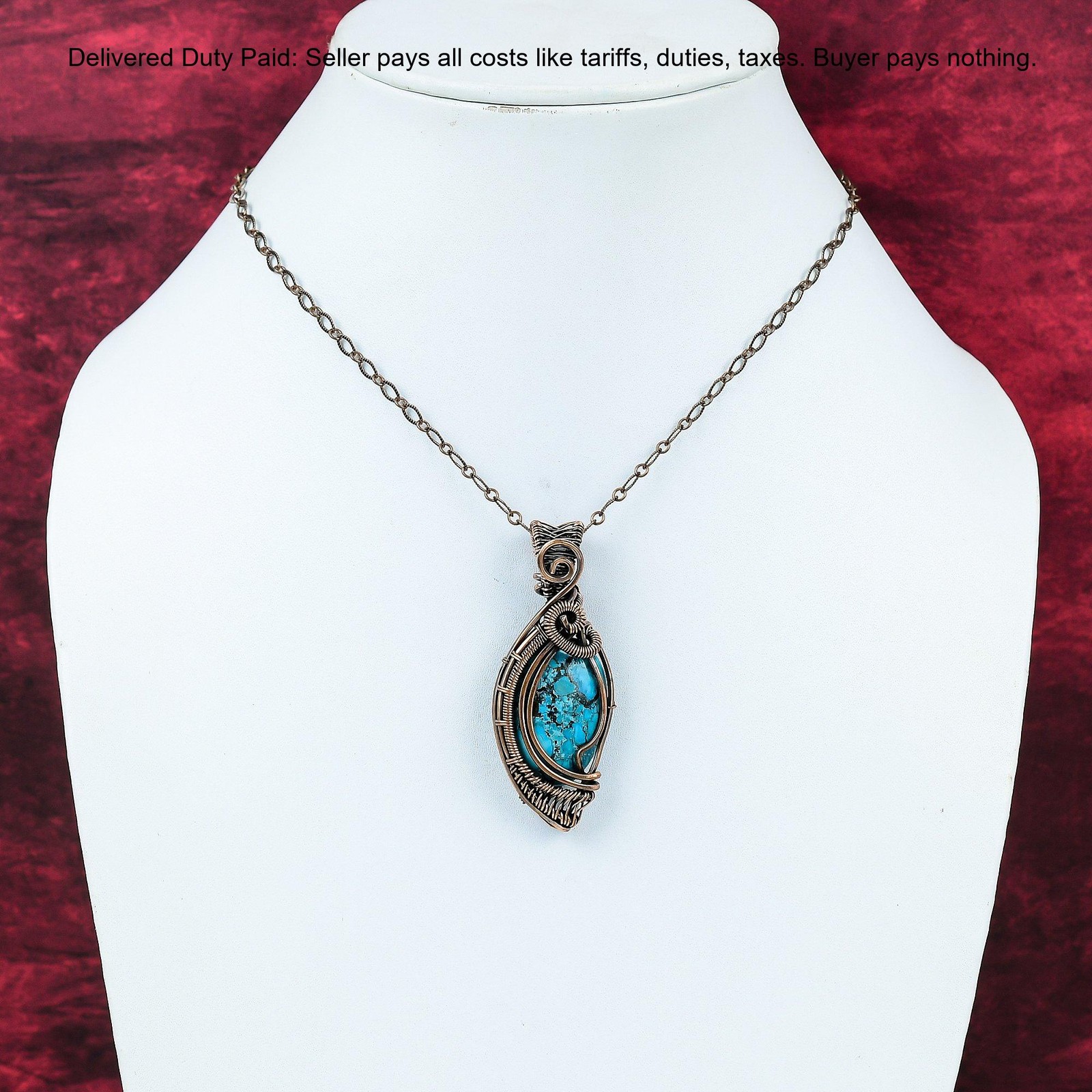 Tibetan Turquoise Stone Copper Wedding Wire Wrapped Engagement Pendant Jewelry