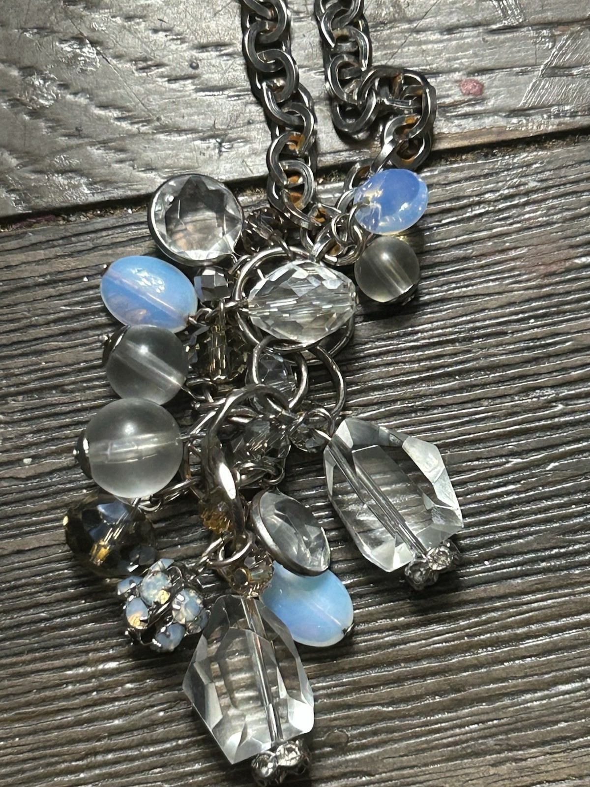 LOFT Silver Tone Cable Chain Necklace Blue & Clear Crystal MoonstoneCharm Signed