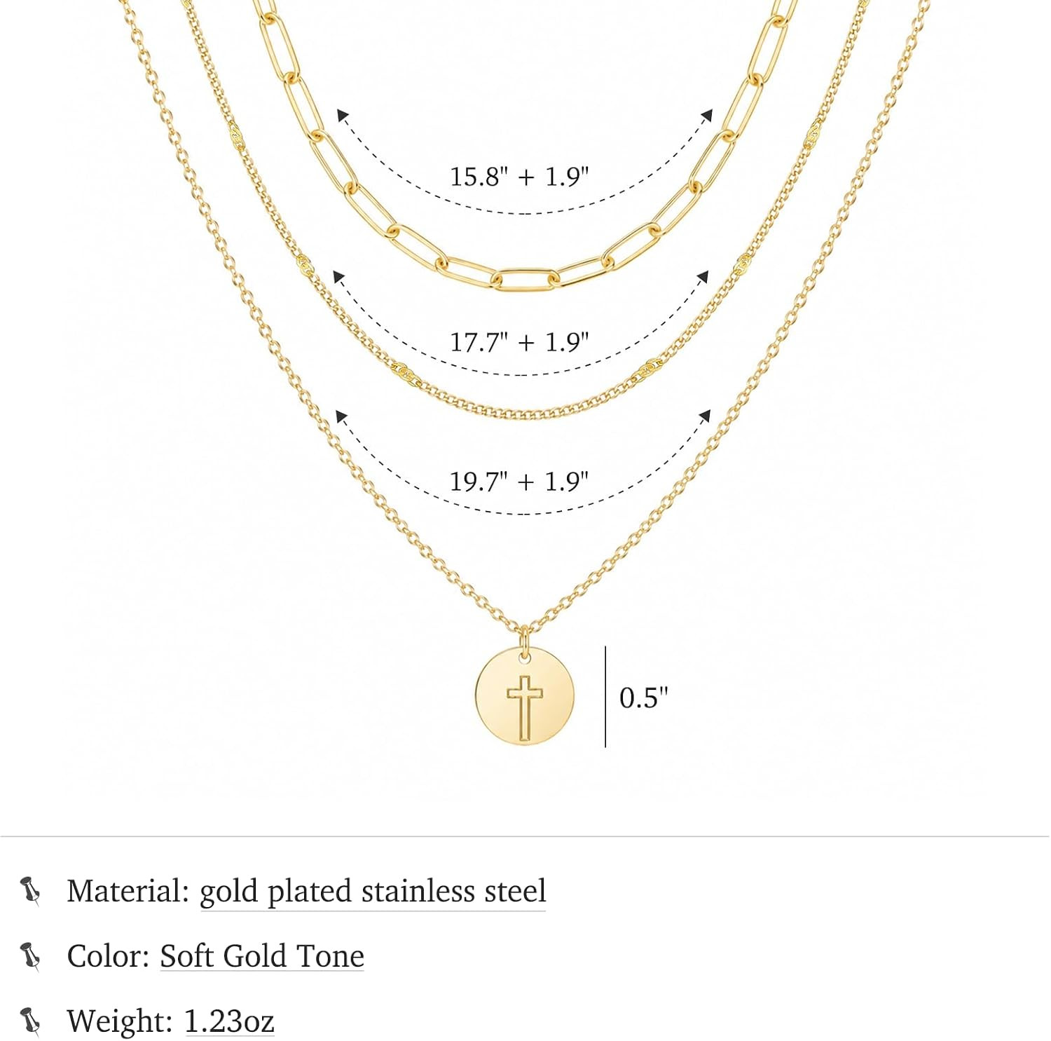 14K Gold Plated Layered Stack Chunky Coin Cross Necklace for Women