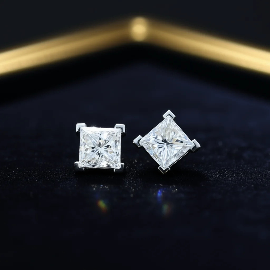 White Gold Princess Cut Diamond Stud Earrings Classic Minimalist Unisex Jewelry
