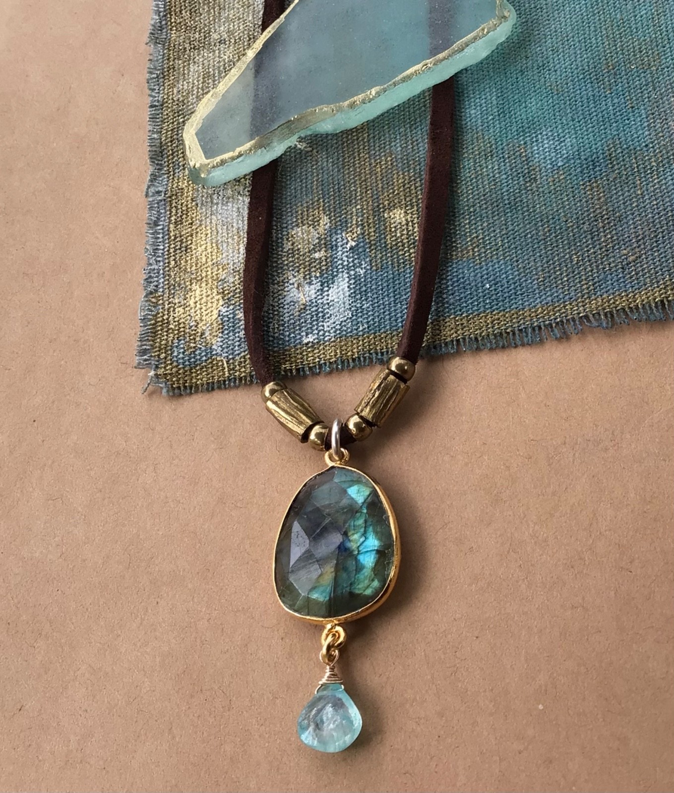 $270 Labradorite Aquamarine Sundance Charm Necklace leather suede cord jewelry