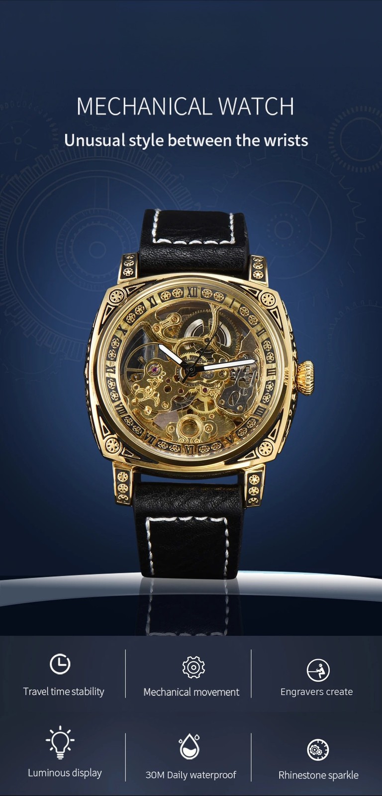 Automatic Retro Skeleton Mechanical Men’s Watch Waterproof Leather Unbranded
