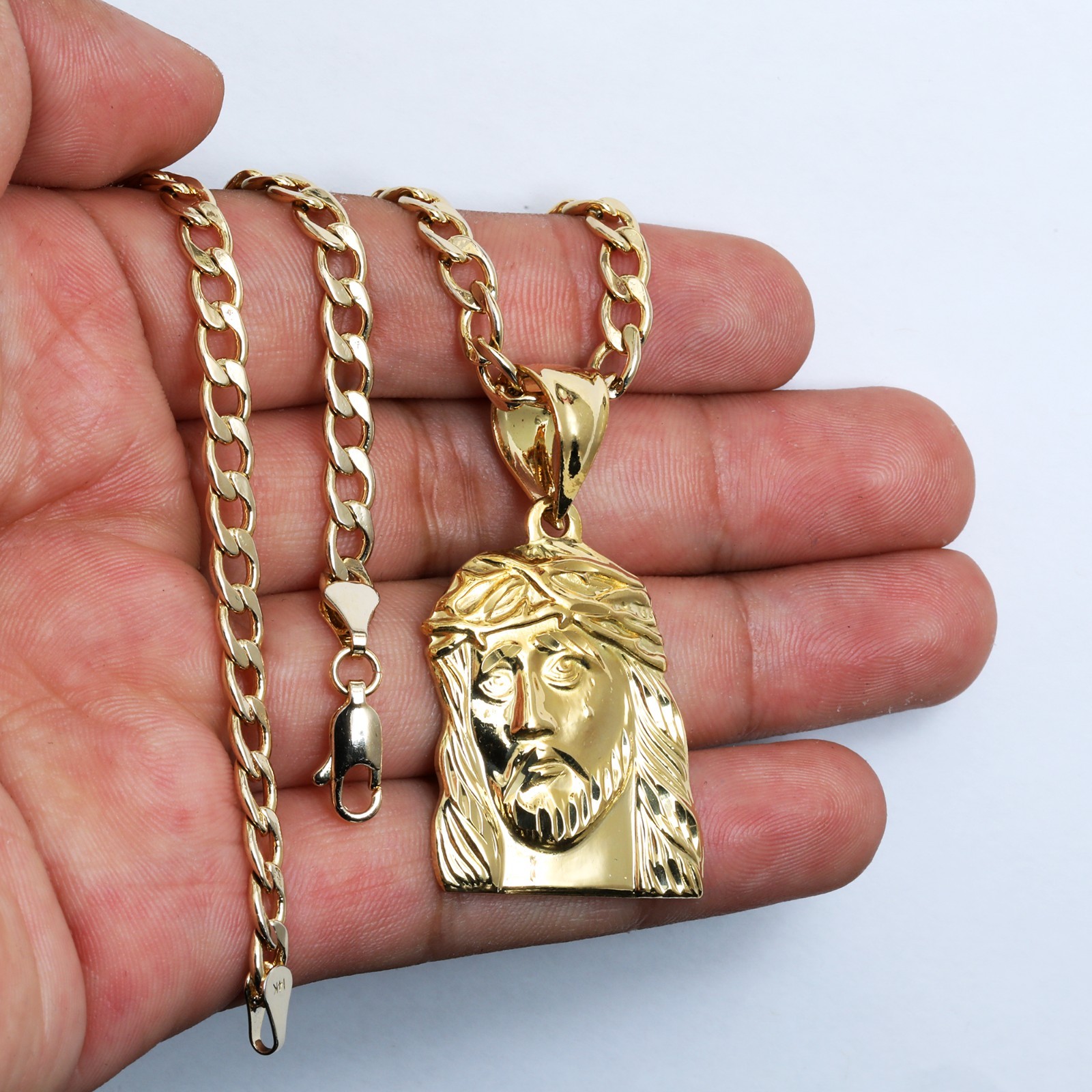 Jesus Pendant 14k Gold Plated Brass 5mm 20″ Cuban Link Necklace Choker Chain F1