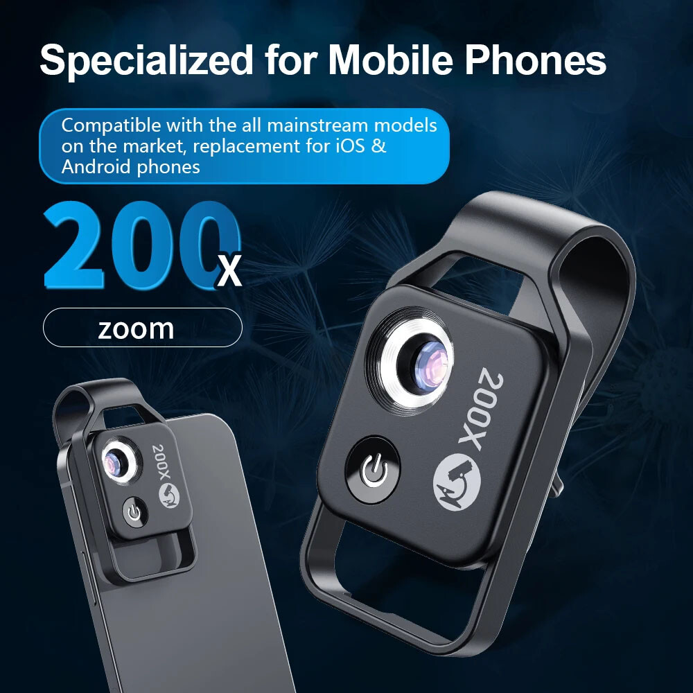 200X Universal Mobile Phone Microscope Camera Lens Stick with 6 LED lights