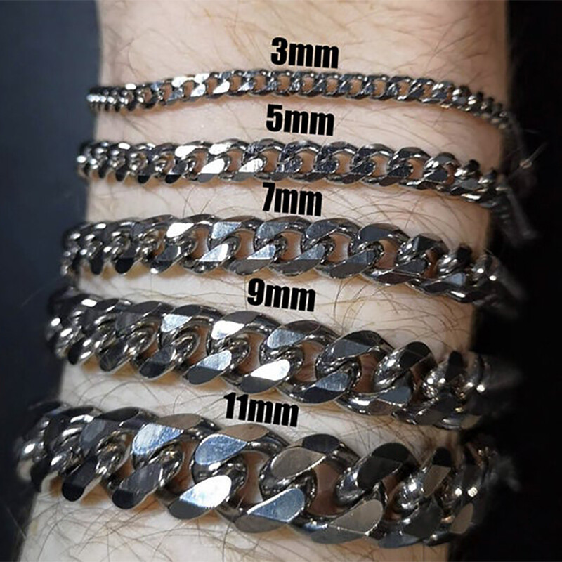 Mens Womens 3/5/7/9/11MM Cuban Curb Bracelet Chain Stainless Steel Multi-sizes