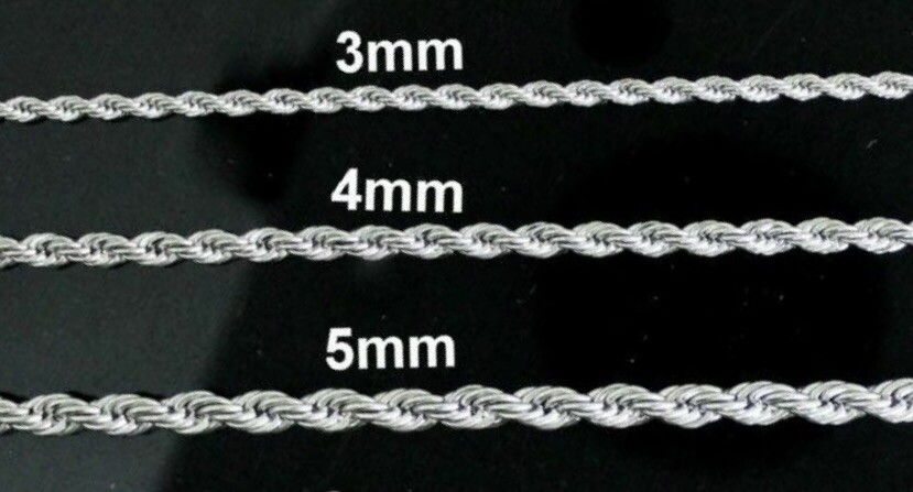 Rope Chain Necklace Silver Stainless Steel 3/4/5/7mm 20-30″ Mens Womens