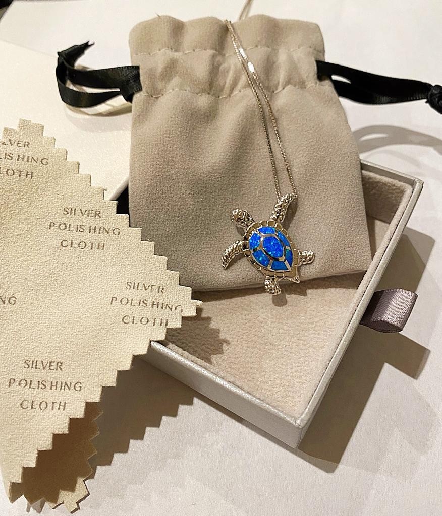 BLUE OPAL S925 Sterling Silver Sea Turtle Pendant with Box Chain