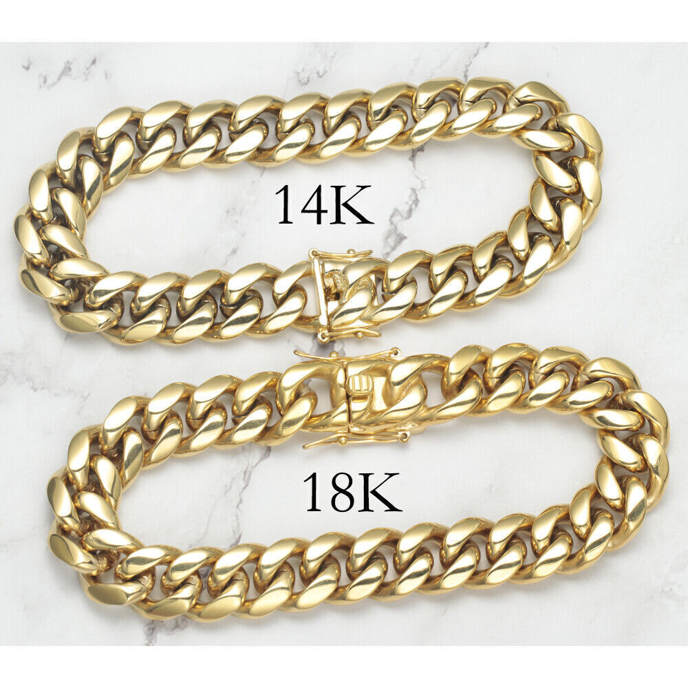 Real 14K/18K Gold Plated PVD Solid Miami Cuban Link Chain Bracelet Set 4mm-14mm