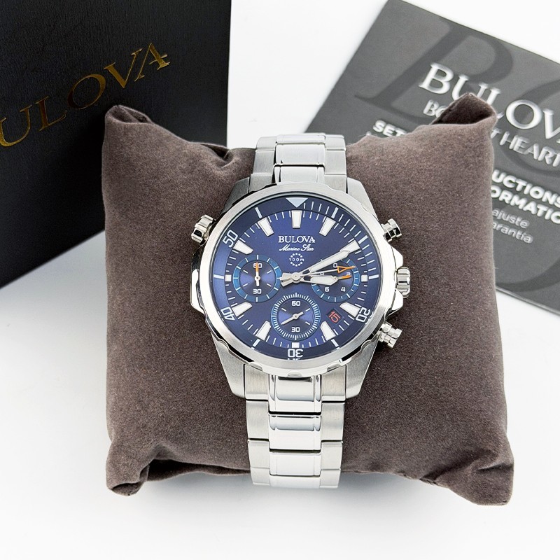 Bulova Marine Star Blue Dial 96B256 Steel Men Quartz Watch 43mm Chronograph