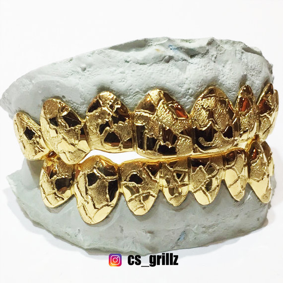 Sterling Silver Yellow Gold Plated Nugget Cut Custom Fit Handmade Real GRILLZ