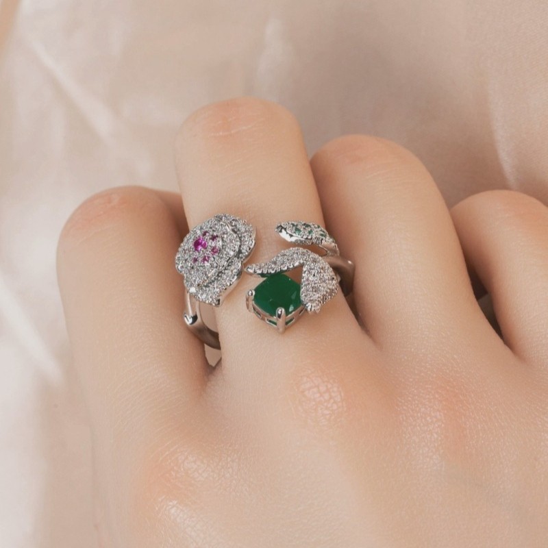 Pretty Multicolor CZ Pave Double Form Rose Elegant Women Silver Plated Open Ring