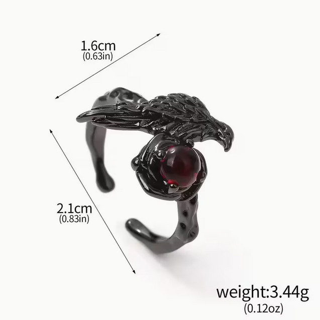 Black Rave/Crow Ring – Gothic Artisan Rings, Promise Cubic Red Zirconia