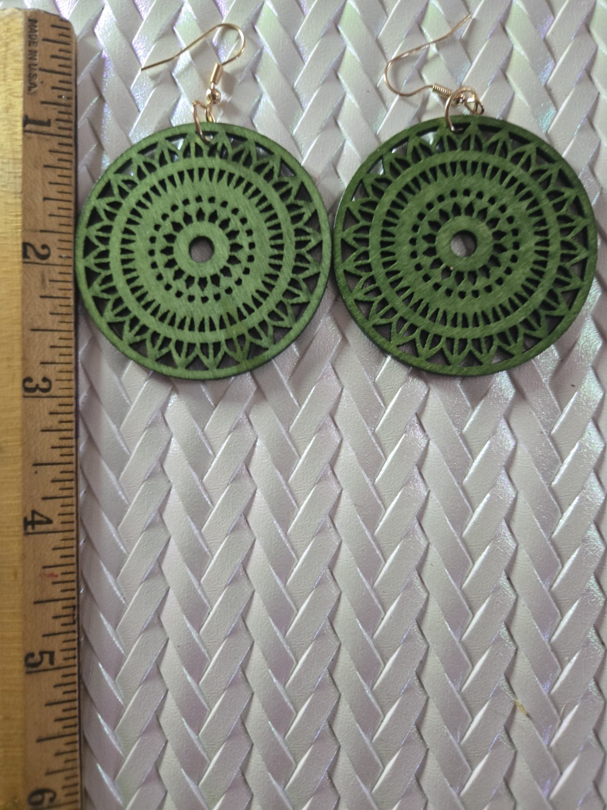 Bohemian Green Wood Round Filigree Laser Cut Dangle/Drop Hook Earrings