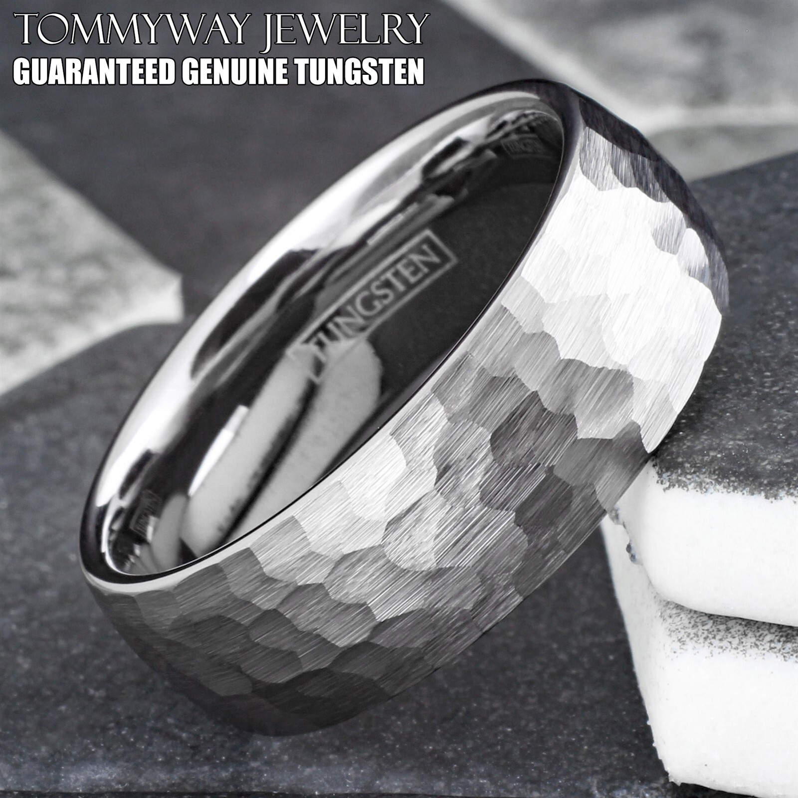 Silver Tungsten Carbide Hammered Brushed Finish Men’s Wedding Band Ring