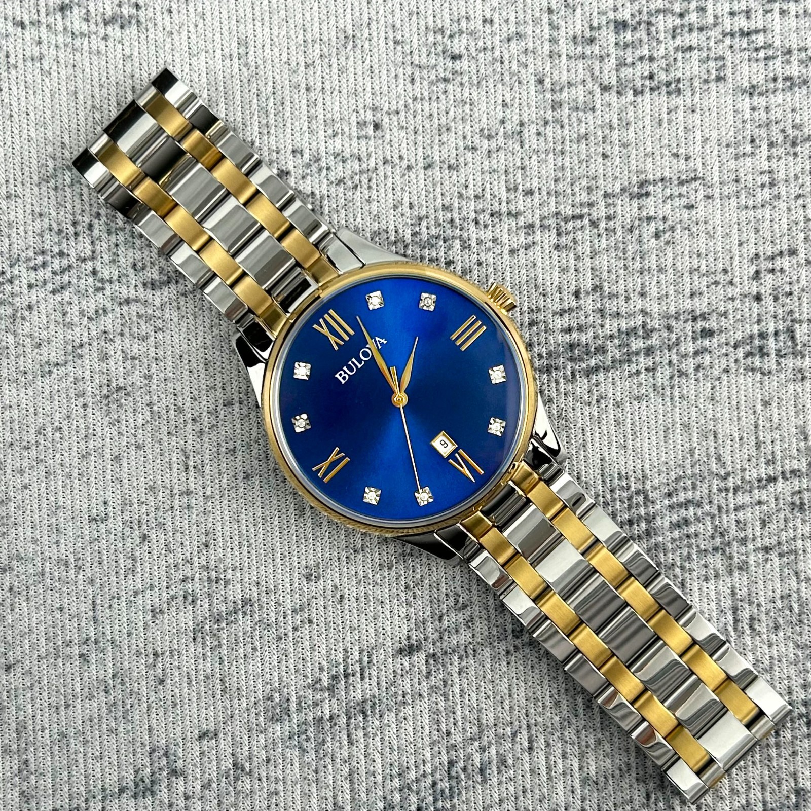 Bulova Men’s Classic Two Tone Diamond Blue Dial 98D130 Quartz Watch 40mm