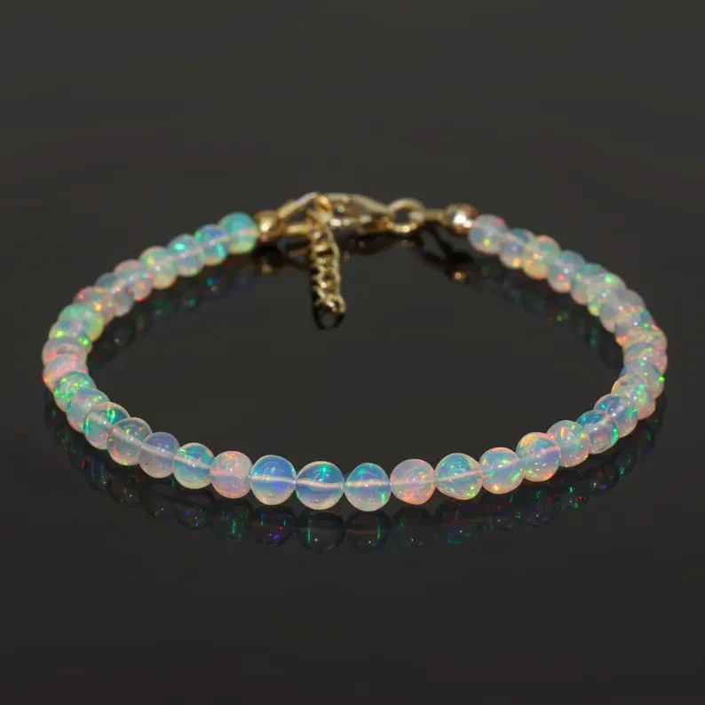 Natural Round Opal Gemstone Jewelry for Her, Ethiopian White Opal Beaded