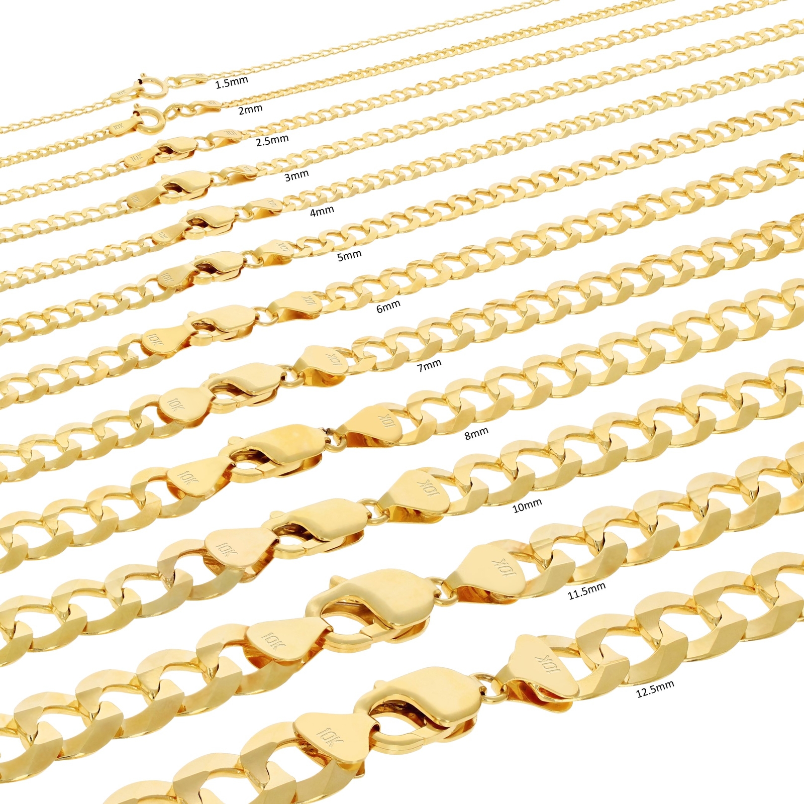 10K Yellow Gold Solid 2mm-12.5mm Curb Cuban Chain Link Necklace Bracelet 7″- 30″
