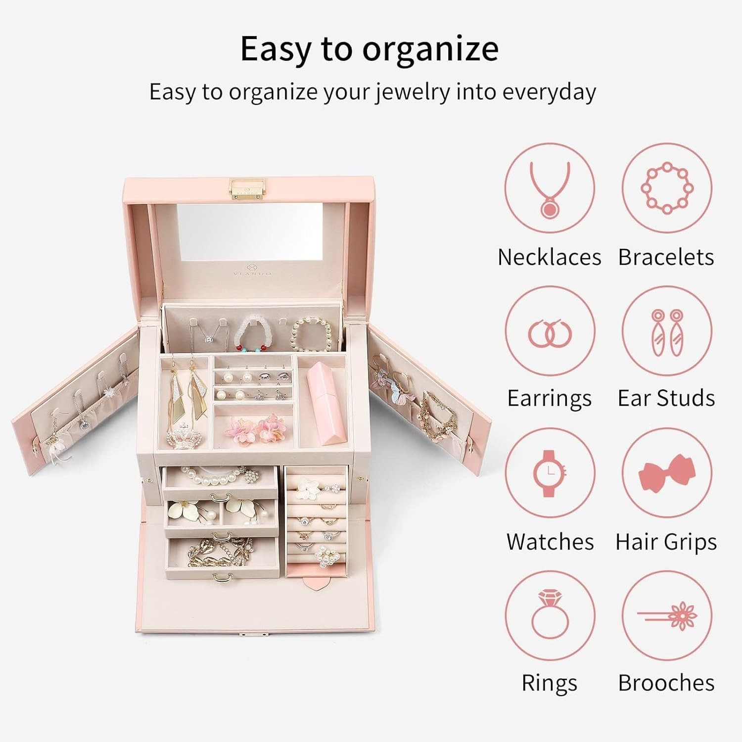 Stunning Pink Jewelry Organizer with Mirror and 3 Drawers – for Elegant Storage