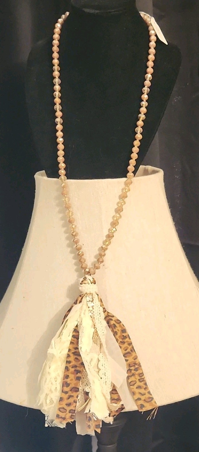 Brown Beige Beaded Ball Chain Necklace Leopard Print Lace Tassel Pendant