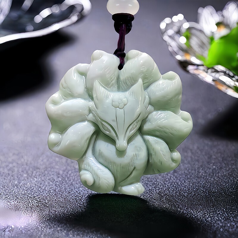 Green Natural Real Jade Nine tailed Fox Pendant Necklace Gift Accessories Stone