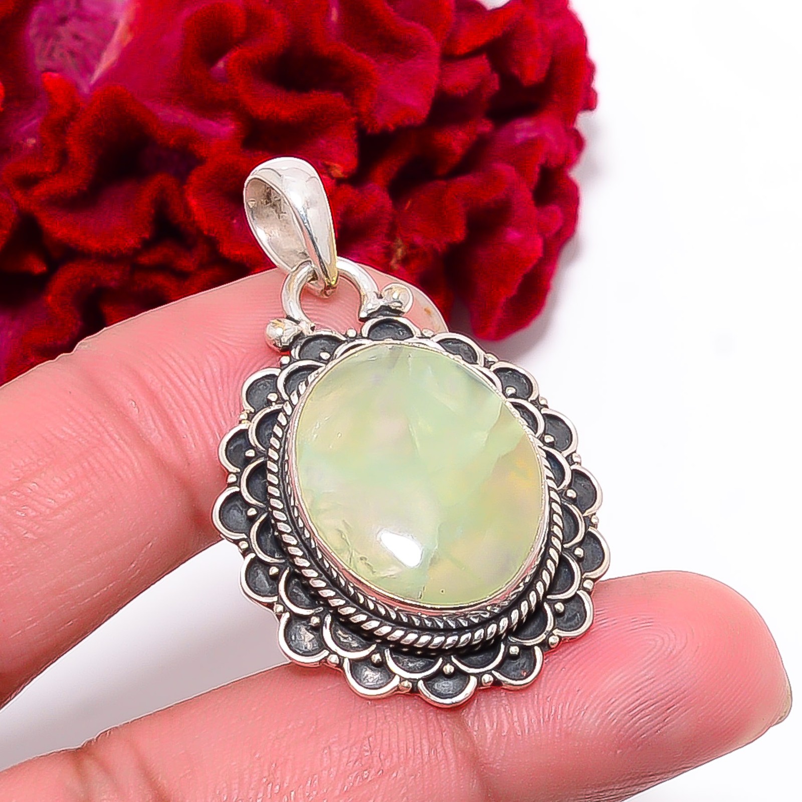 Prehnite – South Africa Designer Handmade 925 Sterling Silver Pendant 1.72″ P995