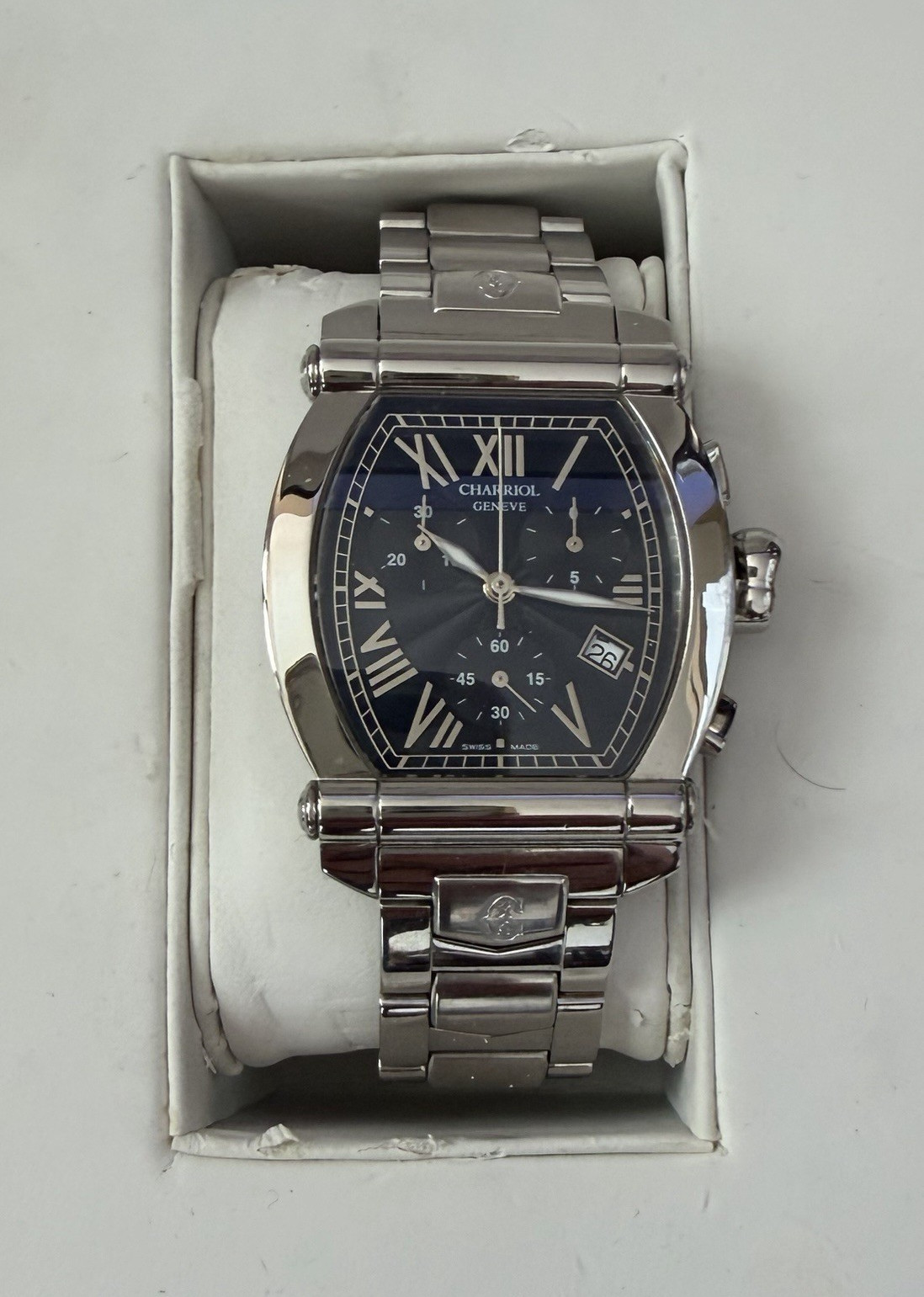 Charriol Colvmbvs Men’s Tonneau Chronograph Date Black Dial Steel Quartz Box