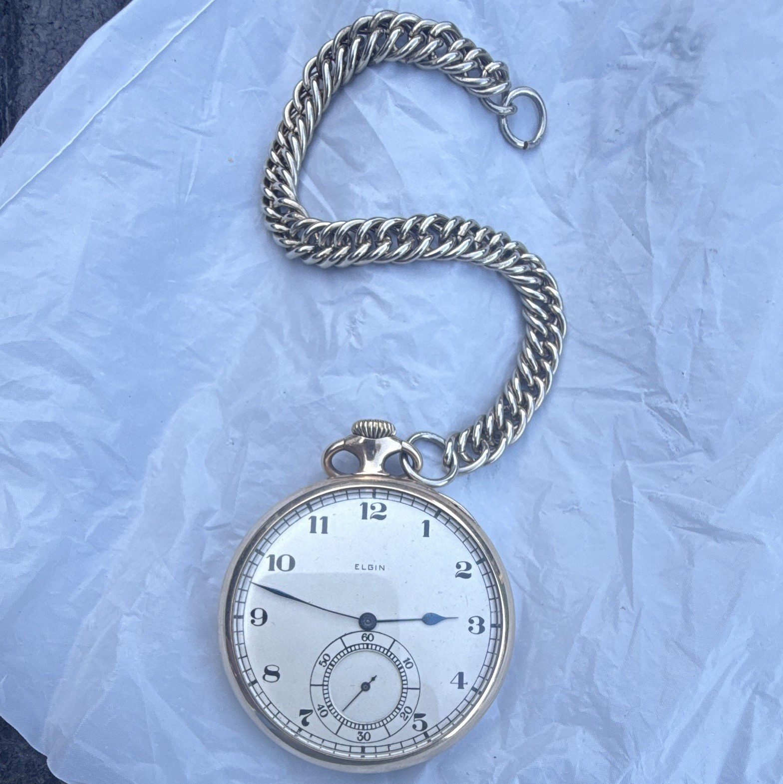 Elgin Mechanical Full Hunter Pocket Watch w/ Chain, 17J, White Dial, Sec