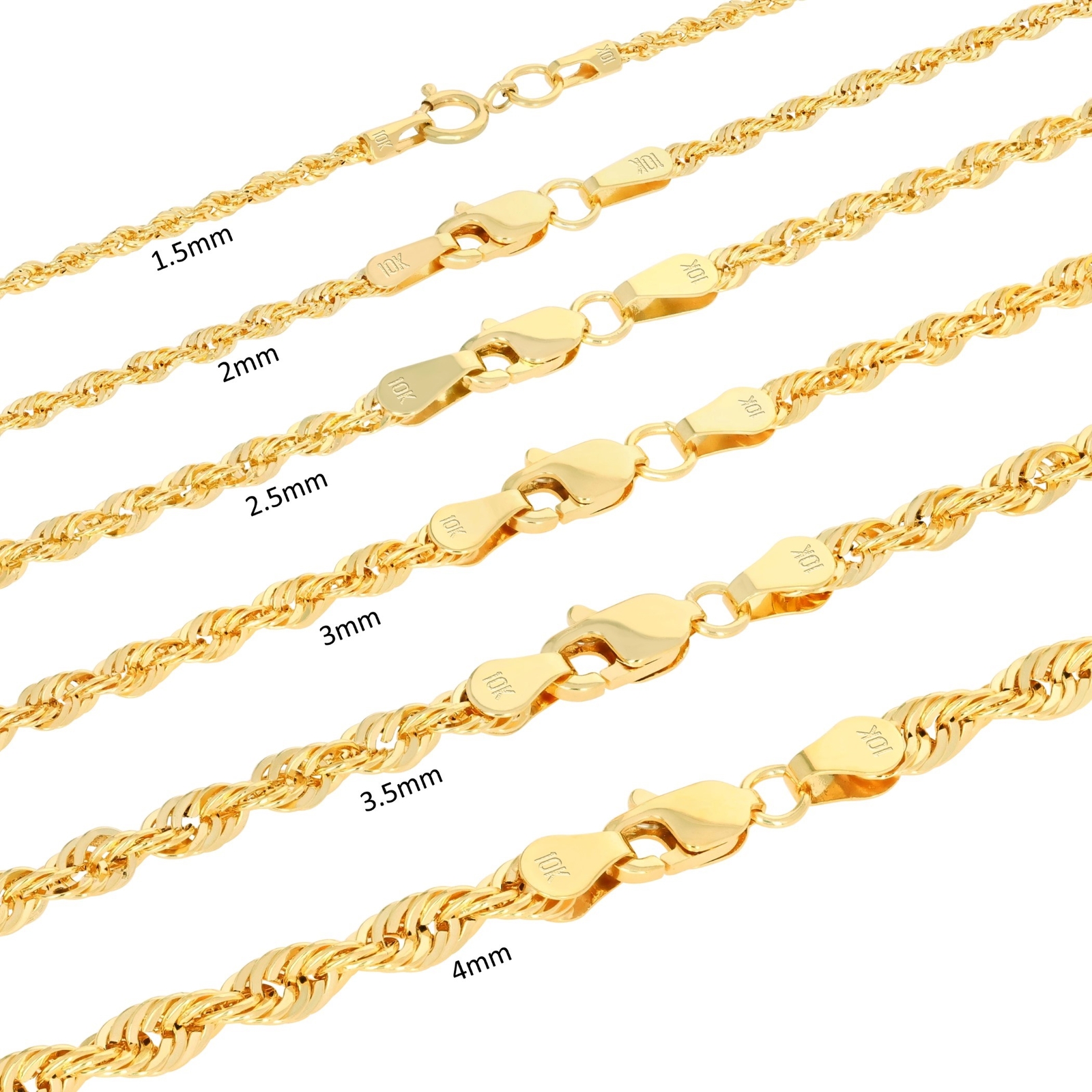 10K Yellow Gold 1mm-4mm Laser Diamond Cut Rope Chain Necklace Men Women 16″- 30″