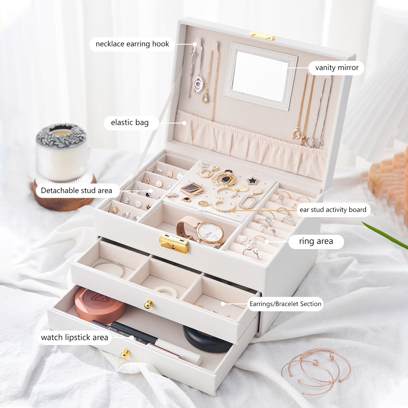White 3-Layer Jewelry Box Portable Travel Storage Case with Mirror & Lock Key