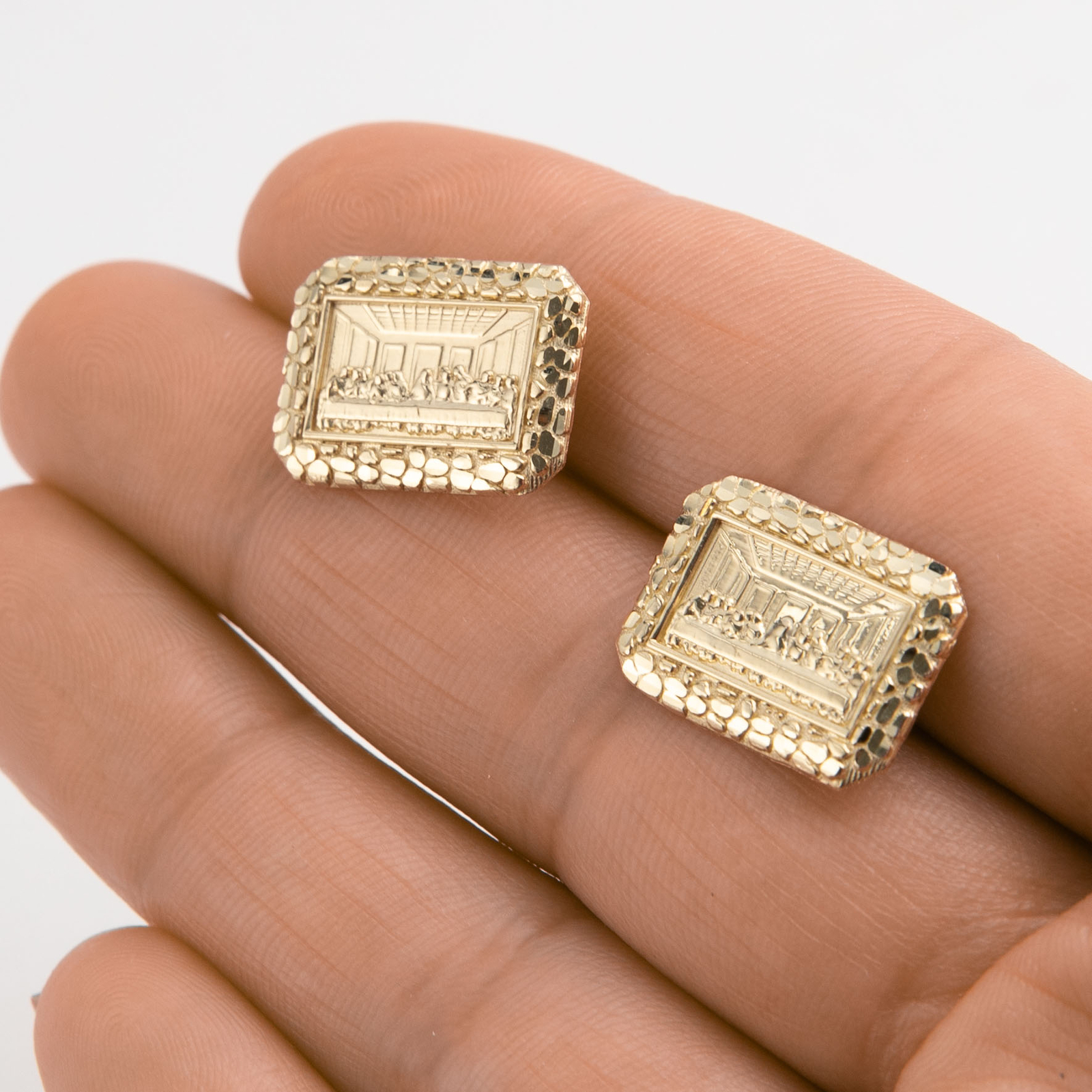 Solid 10K 1/2″ Diamond-Cut Last Supper Nugget Stud Earrings Yellow Gold All Size